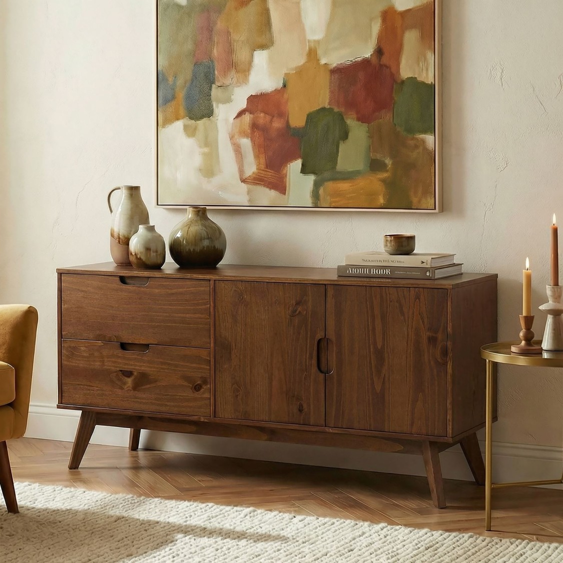 Sideboard TIVOLI aus Massivholz mit 2 Türen und Schubladen - Kastanie Finish online kaufen | IDIMEX
